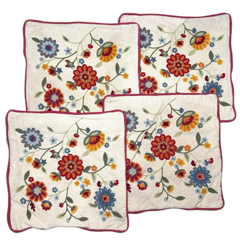Pier 1 Floral Embroidered Throw Pillow Covers 12.5" Boho Cottagecore Set Of 4